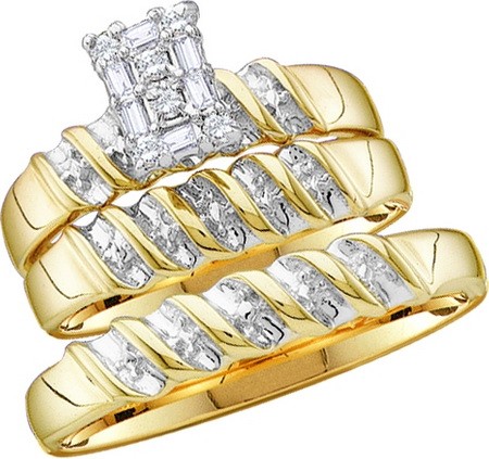 0.10CT Diamond Cluster Trio Wedding Ring Set Yellow Gold