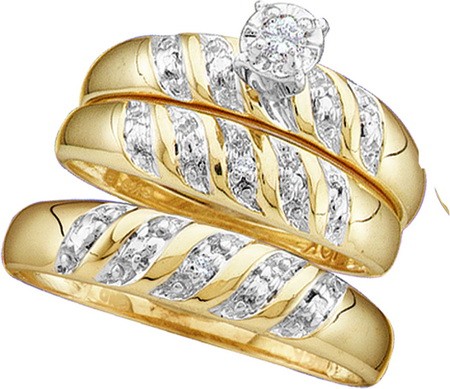 0.07CT Diamond RdCTR TrioWedding Ring Set Yellow Gold