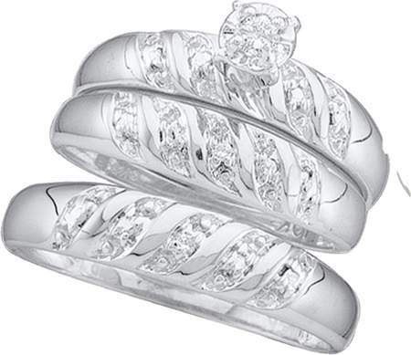 0.07CT Diamond Round CTR Trio Wedding Ring Set White Gold