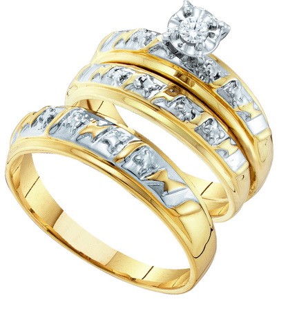 0.07CT Diamond RdCTR Trio Wedding Ring Set Yellow Gold