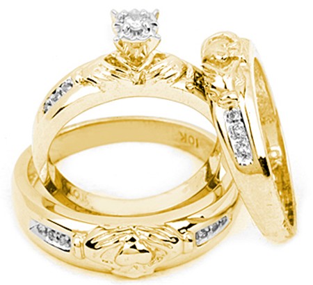 Diamond Trio Vintage Wedding Ring Set Yellow Gold