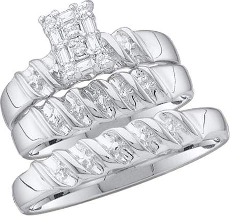 0.10CT Diamond Cluster Trio Wedding Ring Set 14K White Gold