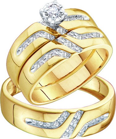 0.28CT Diamond Round CTR Trio Wedding Ring Set Yellow Gold