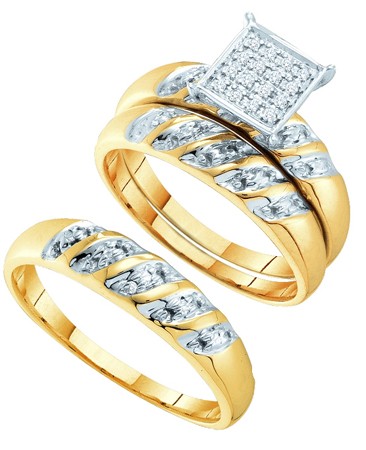 0.08CT Diamond Cluster Trio Wedding Ring Set Yellow Gold
