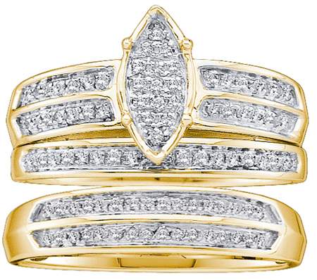 0.28CT Diamond Pave Trio Wedding Ring Set Yellow Gold
