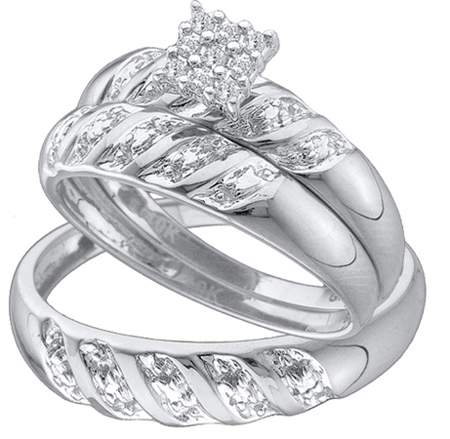0.09CT Diamond Cluster Trio Wedding Ring Set 14K White Gold