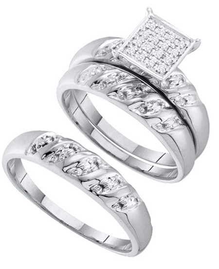 0.08CT Diamond Cluster Trio Wedding Ring Set White Gold