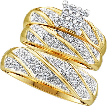 0.30CT Diamond Cluster Trio Wedding Ring Set Yellow Gold