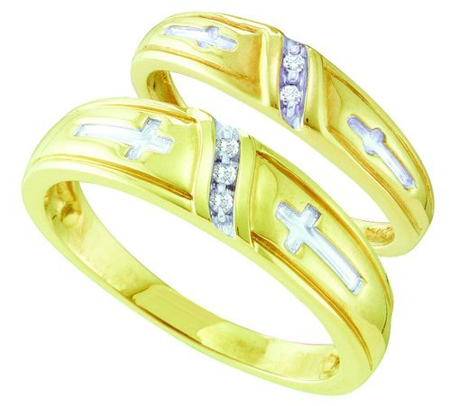 0.05CT Diamond Duo Cross Unique Wedding Ring Set Yellow Gold