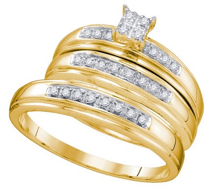 0.20CT Diamond Cluster Trio Wedding Ring Set Yellow Gold