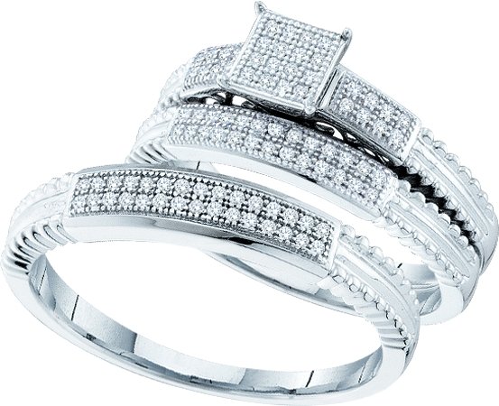 0.25CT Diamond Pave Trio Wedding Ring Set White Gold