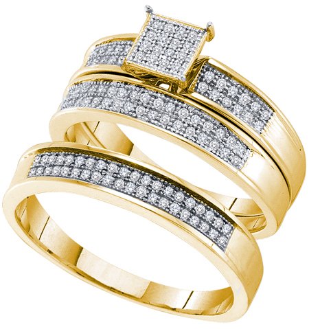 0.33CT Diamond Pave Trio Wedding Ring Set Yellow Gold