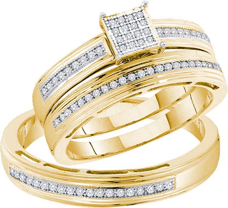0.25CT Diamond Pave Trio Wedding Ring Set Yellow Gold