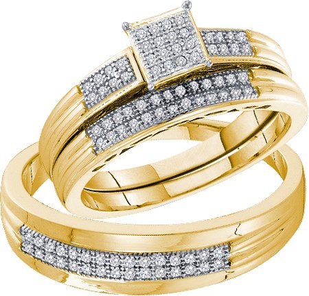 0.25CT Diamond Pave Trio Wedding Ring Set Yellow Gold