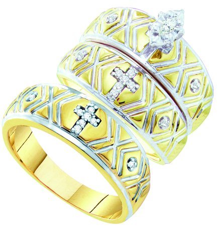0.14CT Marques Diamond Trio Unique Wedding Ring Set Yellow Gold
