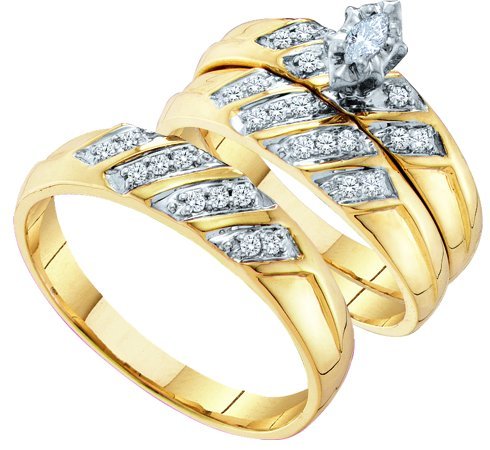 0.25CT CTR Marques Diamond Trio Wedding Ring Set Yellow Gold