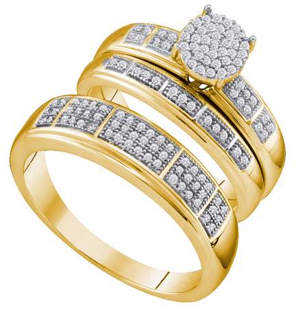 0.33CT Diamond Pave Trio Wedding Ring Set Yellow Gold