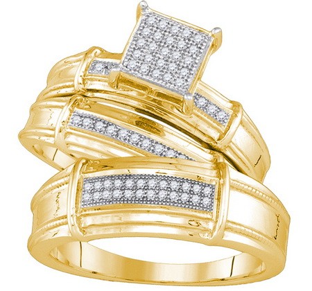 0.22CT Diamond Pave Trio Wedding Ring Set Yellow Gold