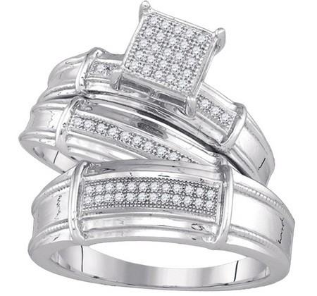 0.22CT Diamond Pave Trio Wedding Ring Set White Gold