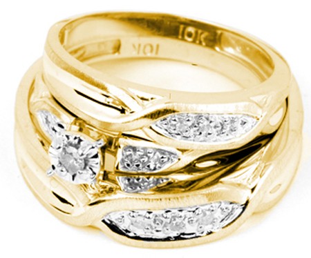 0.12CT Diamond Trio Wedding Ring Set Yellow Gold