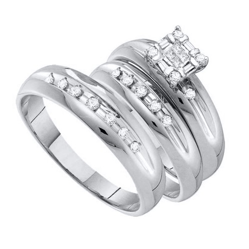 0.33CT Diamond Princess CTR Trio Wedding Ring Set 14K White Gold