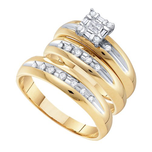 0.33CT Diamond Cluster Trio Wedding Ring Set 14K Yellow Gold