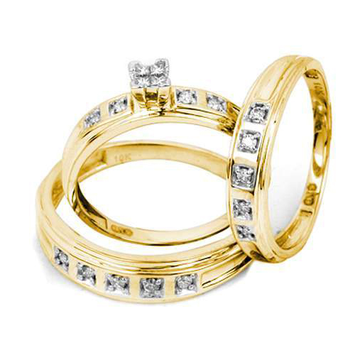 0.24CT Diamond Invisible Trio Wedding Ring Set Yellow Gold