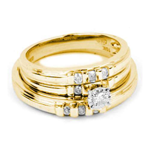 0.25CT Diamond Round CTR Trio Wedding Ring Set Yellow Gold