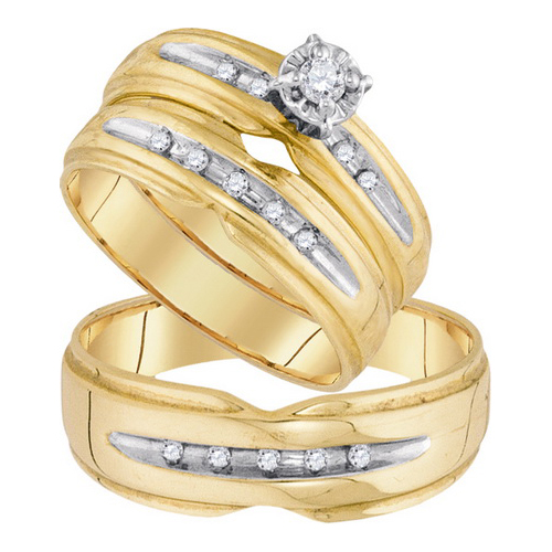 0.18CT Diamond Round CTR Trio Wedding Ring Set Yellow Gold