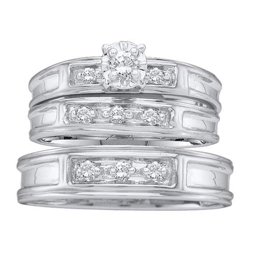 0.25CT Diamond Round CTR Trio Wedding Ring Set 14K White Gold