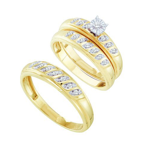0.25CT CTR Round Diamond Trio Wedding Ring Set Yellow Gold