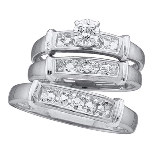 0.07CT Diamond Round CTR Trio Wedding Ring Set 925 Silver