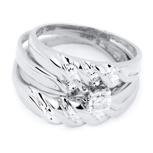 0.07CT Diamond Round CTR Trio Wedding Ring Set 14K White Gold