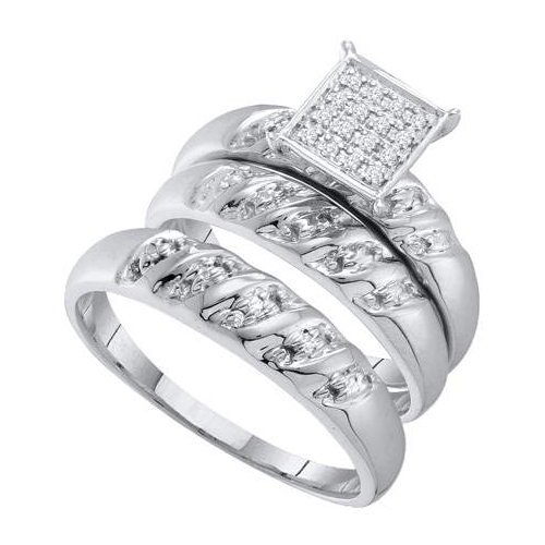 0.08CT Diamond Cluster Trio Wedding Ring Set 14K White Gold