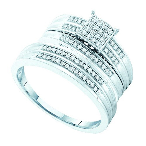 0.25CT Diamond Pave Trio Wedding Ring Set 925 Silver