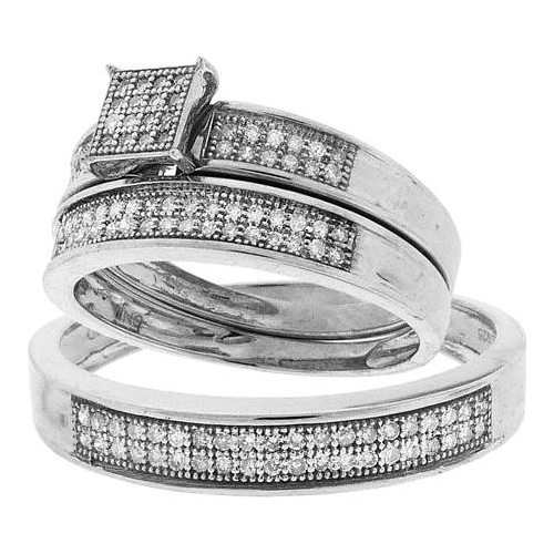 0.33CT Diamond Pave Trio Wedding Ring Set 925 Silver