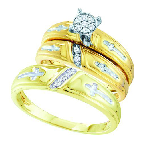 0.11CT Diamond Trio Cross Vintage Wedding Ring Set Yellow Gold
