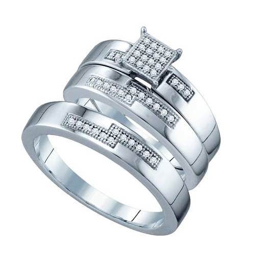 0.15CT Diamond Pave Trio Wedding Ring Set White Gold