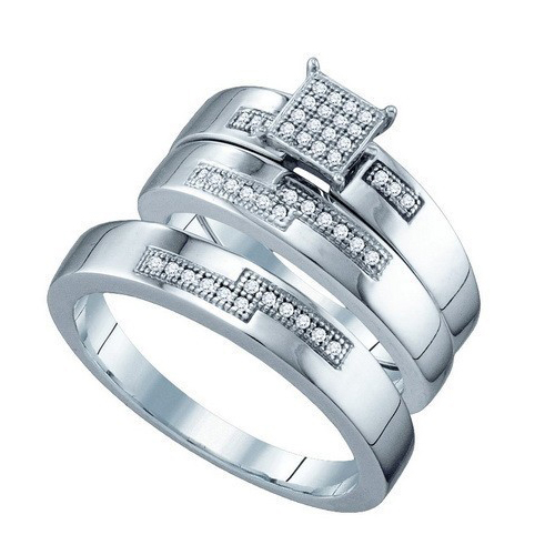 0.15CT Diamond Pave Trio Wedding Ring Set 925 Silver