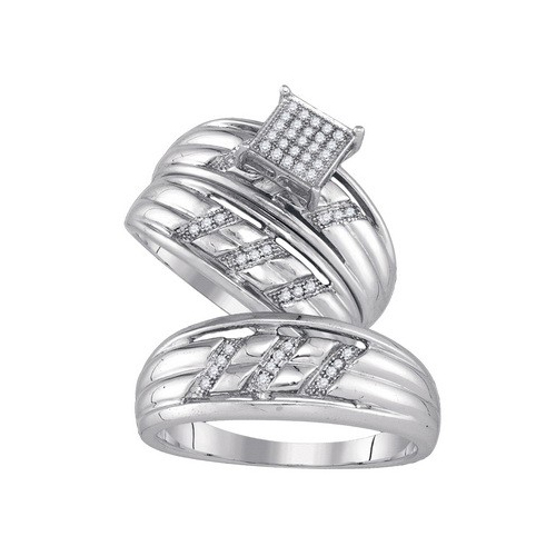 0.15CT Diamond Pave Trio Wedding Ring Set 925 Silver