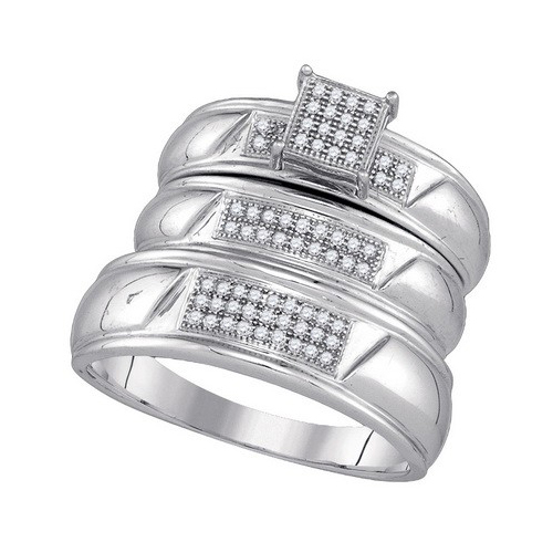 0.20CT Diamond Pave Trio Wedding Ring Set 925 Silver